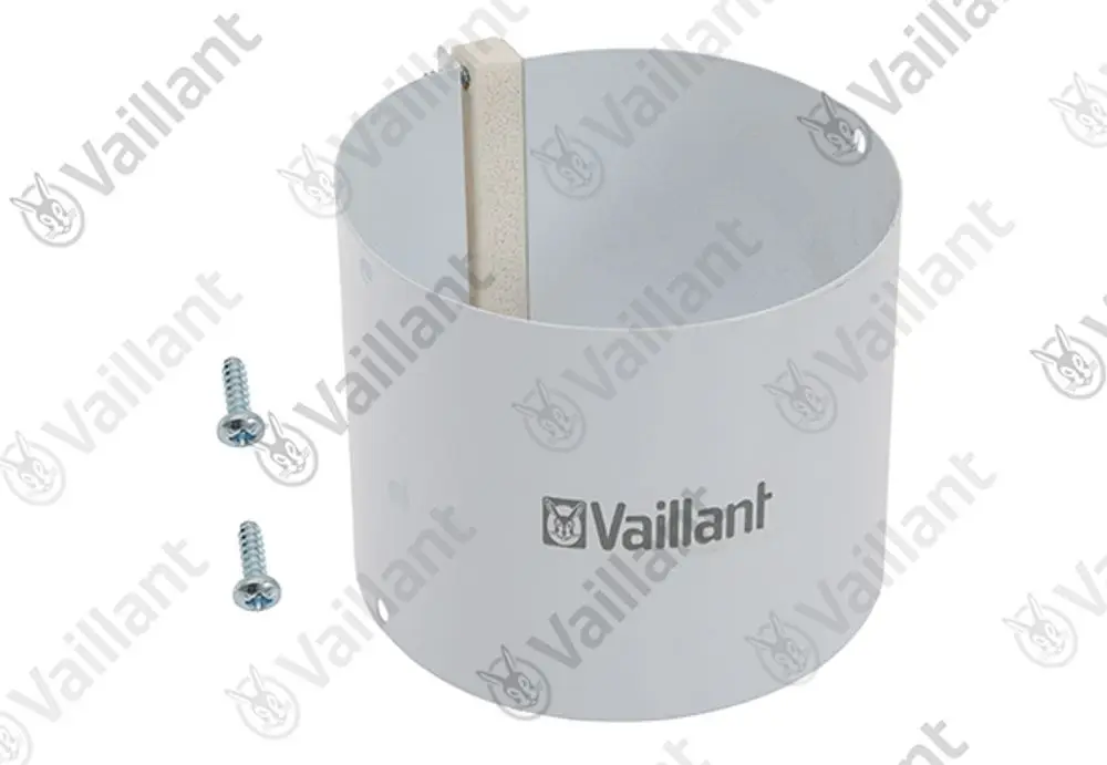 Vaillant Adapter in der Farbe Weiß, zylindrische Form mit einer Befestigungsleiste und zwei Schrauben zur Montage.